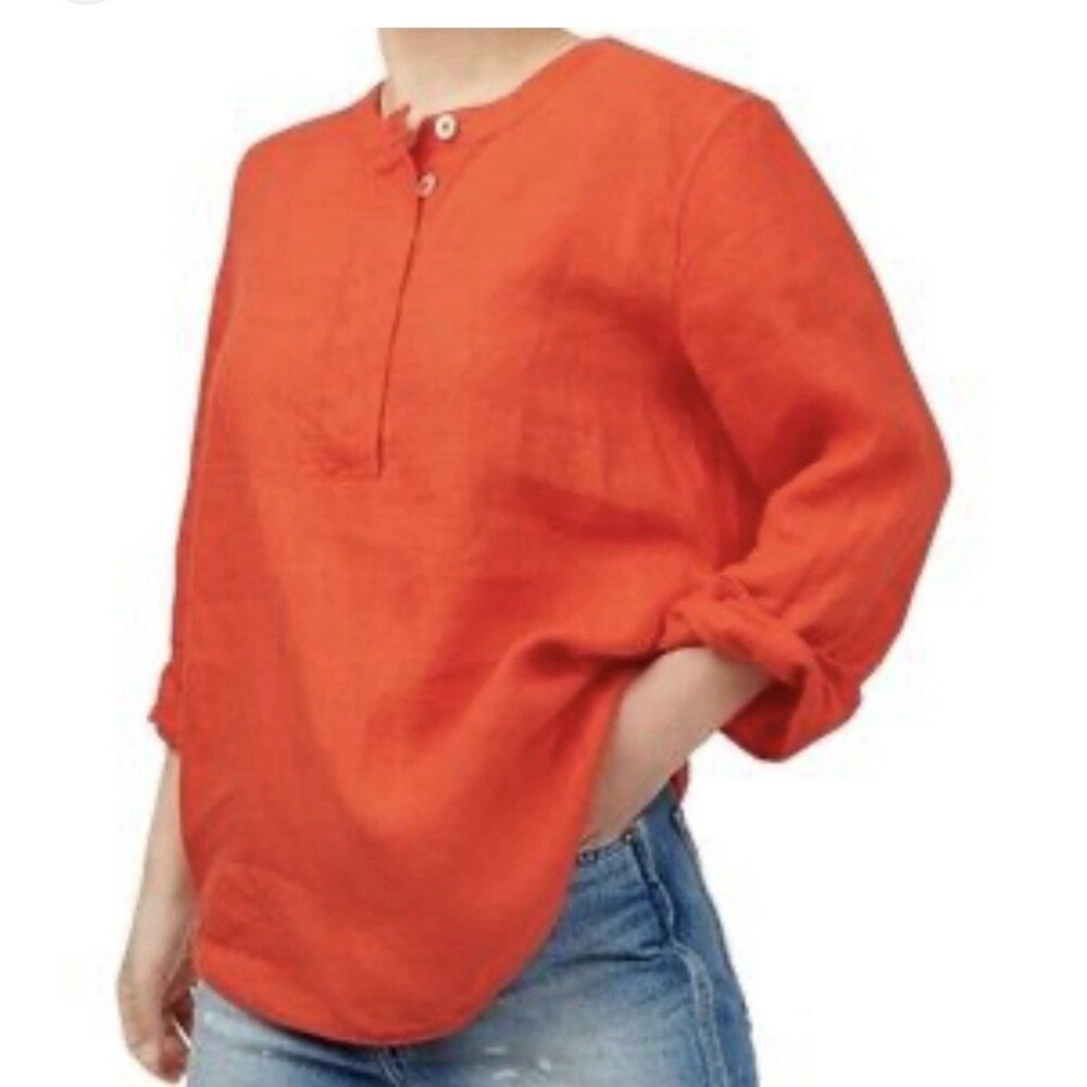 J Crew Size XS Orange Button Front Linen Tunic Top Blouse 3/4 Sleeve Boxy Ovrsiz